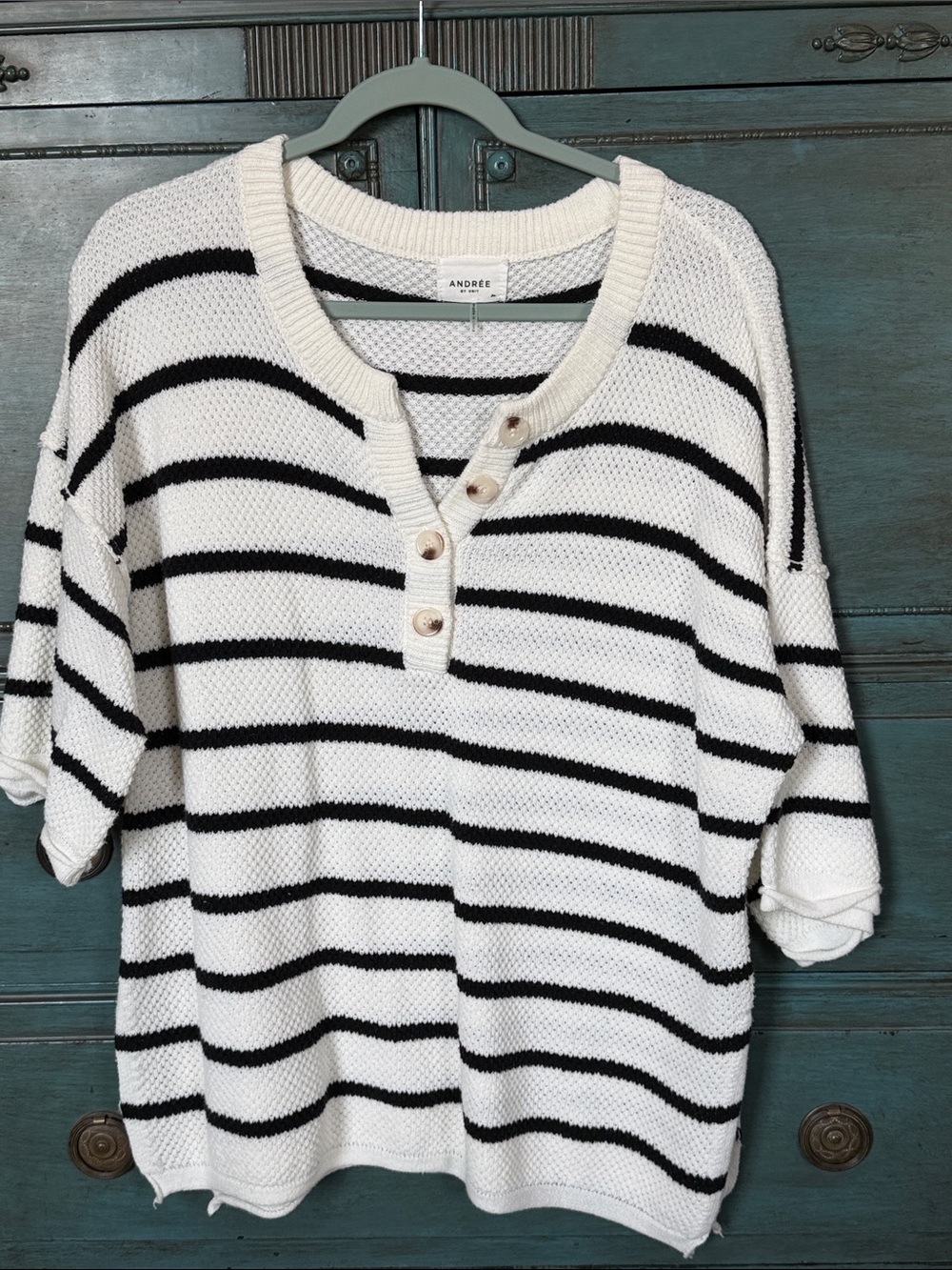 Andree Black & White Striped Henley Knit Sweater Size M